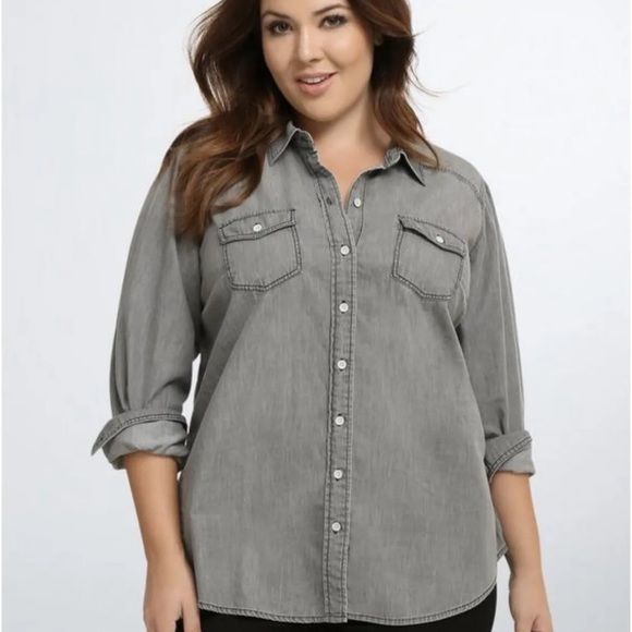 torrid Tops - Torrid Taylor Wash Button Down Shirt Womens Plus 3X Gray Long Sleeve Cotton